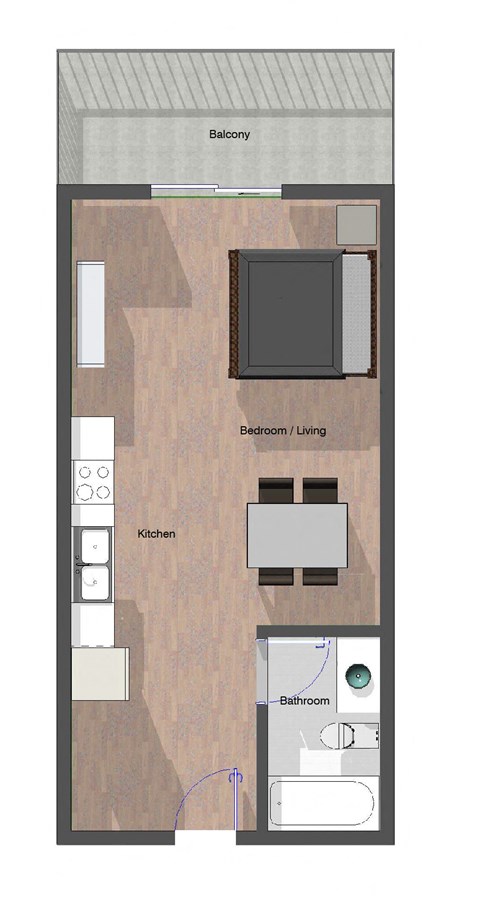 Studio, 1 Bathroom.  461 square feet.